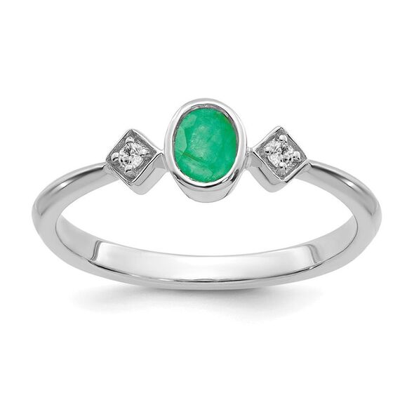 Kazi Luxury 14k White Gold Oval Bezel Emerald and Diamond Ring